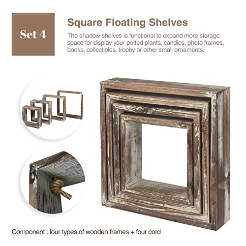 J JACKCUBE DESIGN Floating Hanging Square Shelves Wall Mounted Rustic Wood Cube Display Shelf Shadow Boxes Decorative Boho Home Décor for Living Room, Bedroom, Office, Set of 4 - MK571A