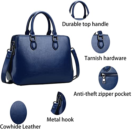 Heshe Leather Womens Handbags Totes Top Handle Shoulder Bag Satchel Ladies Purses (Dark Blue-Cowhide Leather)