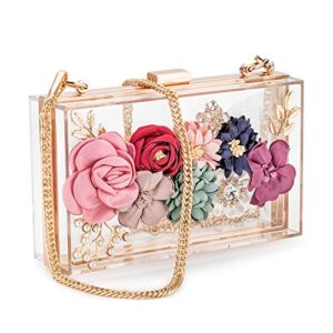 women acrylic flower clutches crossbody purse evening bags chain strap for wedding prom banquet ideal-gift(gold)