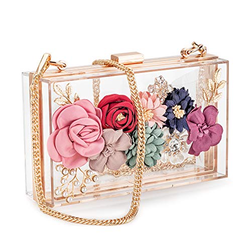 Women Acrylic Flower Clutches Crossbody Purse Evening Bags Chain Strap For Wedding Prom Banquet Ideal-gift(Gold)