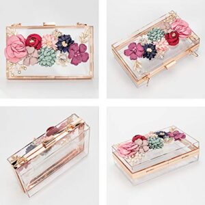 Women Acrylic Flower Clutches Crossbody Purse Evening Bags Chain Strap For Wedding Prom Banquet Ideal-gift(Gold)