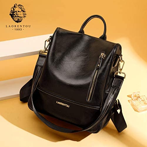 LAORENTOU Women Soft Leather Backpack Cowhide Antitheft Rucksack Ladies Shoulder Bag Medium