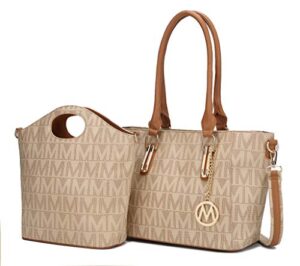 mkf tote shoulder bag, satchel handbag for women set pu leather top handle purse, gold-tone hardware beige