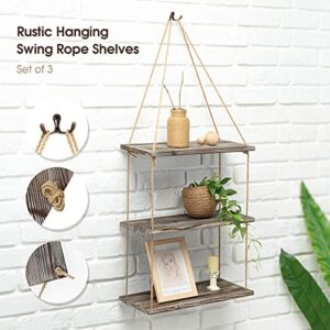 J JACKCUBE DESIGN Rustic Wood Hanging Shelves Set of 3 Farmhouse Bohemian Room Décor Floating Rope Display Shelf Plant Holder for Living Room Bedroom Kitchen Rope Shelves -MK555AAA