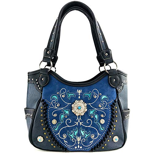 Zelris Spring Bloom Western Concho Women Conceal Carry Tote Handbag Purse Set (Blue)