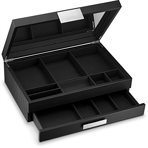 Glenor Co Mens Valet/Dresser Organizer - Luxury 12 Slot Jewelry Accessories Box, Carbon Fiber Design, Drawer Tray, Metal Buckle & Large Mirror for Men’s Watches, Sunglasses, Wallet… Pu Leather Black