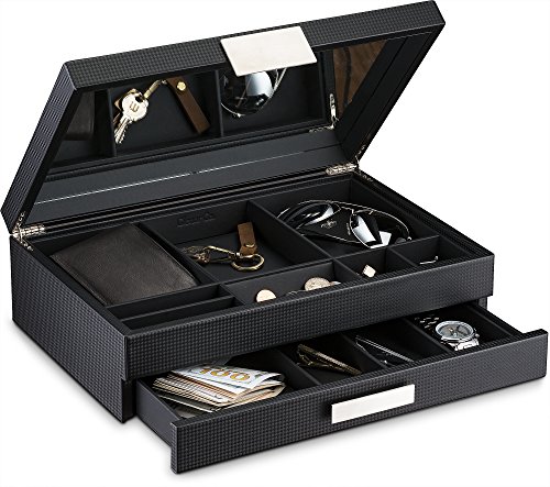 Glenor Co Mens Valet/Dresser Organizer - Luxury 12 Slot Jewelry Accessories Box, Carbon Fiber Design, Drawer Tray, Metal Buckle & Large Mirror for Men’s Watches, Sunglasses, Wallet… Pu Leather Black