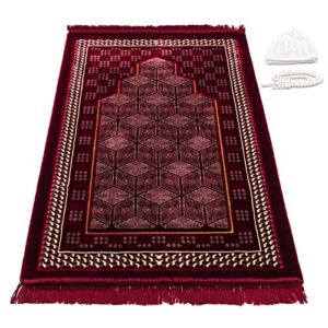 modefa turkish islamic prayer rug – comfortable muslim praying mat for men & women – soft velvet janamaz praying carpet – ramadan or eid gift – with kufi & beads – lux plush geometric mihrab (red)