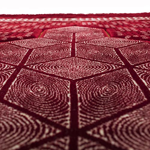 Modefa Turkish Islamic Prayer Rug - Comfortable Muslim Praying Mat for Men & Women - Soft Velvet Janamaz Praying Carpet - Ramadan or Eid Gift - with Kufi & Beads - Lux Plush Geometric Mihrab (Red)