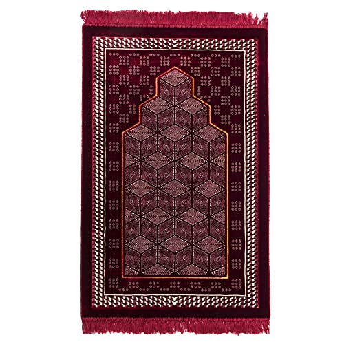 Modefa Turkish Islamic Prayer Rug - Comfortable Muslim Praying Mat for Men & Women - Soft Velvet Janamaz Praying Carpet - Ramadan or Eid Gift - with Kufi & Beads - Lux Plush Geometric Mihrab (Red)