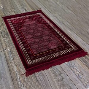 Modefa Turkish Islamic Prayer Rug - Comfortable Muslim Praying Mat for Men & Women - Soft Velvet Janamaz Praying Carpet - Ramadan or Eid Gift - with Kufi & Beads - Lux Plush Geometric Mihrab (Red)