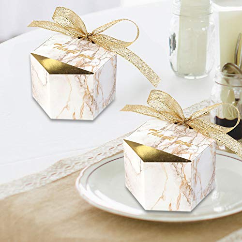 AerWo 50pcs Marble Wedding Party Favor Boxes, Gold Wedding Candy Boxes Bags Hexagonal Chocolate Treat Gift Boxes with Ribbons for Wedding Bridal Shower Baby Shower Birthday Party Decoration