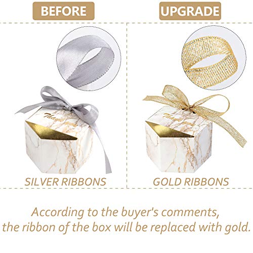 AerWo 50pcs Marble Wedding Party Favor Boxes, Gold Wedding Candy Boxes Bags Hexagonal Chocolate Treat Gift Boxes with Ribbons for Wedding Bridal Shower Baby Shower Birthday Party Decoration