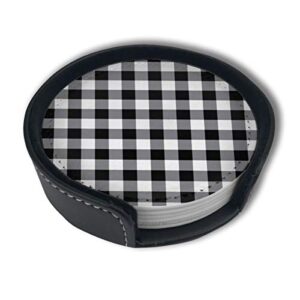 funcoolcy gray and black buffalo plaid gingham tartan coasters for drinks with holder set, leather coasters set of 6, round cups mugs mat pad for home and kitchen decor