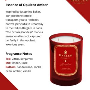 Harlem Candle Company, Josephine Luxury Scented Candle, Double Wick, 12 oz Red Glass Jar, Soy Wax, Gift Box, Scents of Rose, Jasmine, Amber, Tonka Bean and Sandalwood