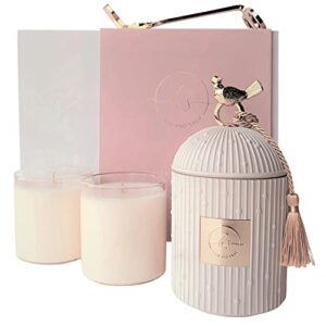 scented candles for home luxury candle gift set – candle holder + 2 x 8.5oz soy candle refills + wick trimmer – 115 hour burn – birthday gifts for women – centerpiece decorations – 4 pcs