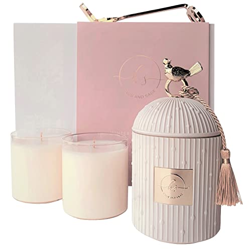 Scented Candles for Home Luxury Candle Gift Set - Candle Holder + 2 x 8.5oz Soy Candle Refills + Wick Trimmer - 115 Hour Burn - Birthday Gifts for Women - Centerpiece Decorations - 4 pcs