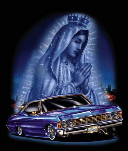 Hotstuff Virgin City Mary Lady of Guadalupe Blessing Poster Print Lowrider Car Urban City Choose Size (16"x20")