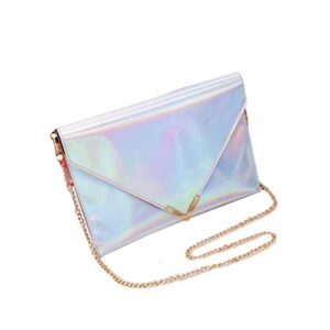 Buddy Holographic Envelope Clutch Handbag Chain Crossbody Shoulder Bag Tote Purse (Silver) One Size