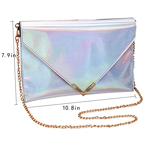 Buddy Holographic Envelope Clutch Handbag Chain Crossbody Shoulder Bag Tote Purse (Silver) One Size