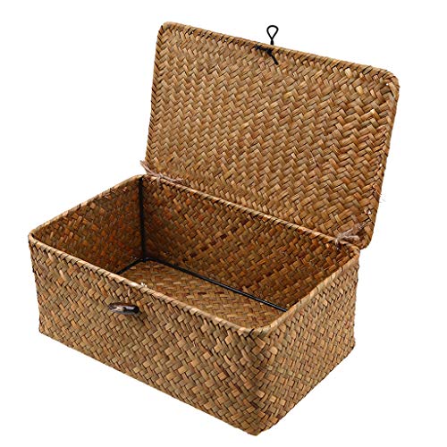 homozy Retro Seagrass Woven Wicker Basket with Lid, Rustic Natural Brown Finish, Decorative Accent or Storage - S