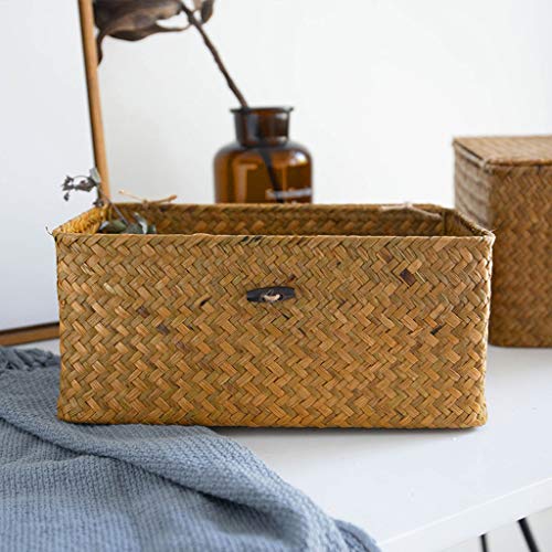 homozy Retro Seagrass Woven Wicker Basket with Lid, Rustic Natural Brown Finish, Decorative Accent or Storage - S