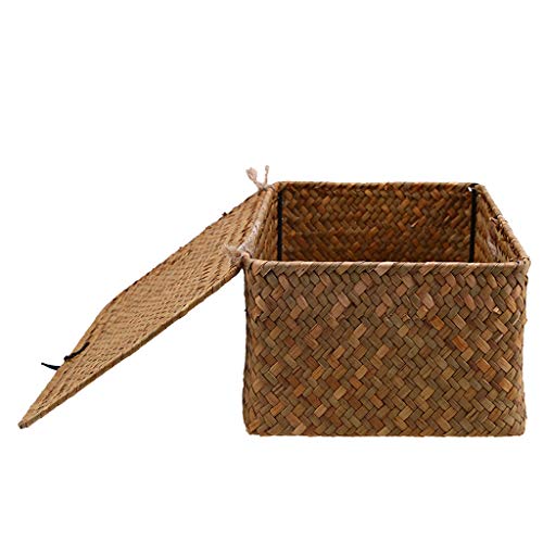 homozy Retro Seagrass Woven Wicker Basket with Lid, Rustic Natural Brown Finish, Decorative Accent or Storage - S