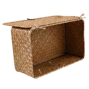 homozy Retro Seagrass Woven Wicker Basket with Lid, Rustic Natural Brown Finish, Decorative Accent or Storage - S