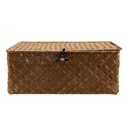 homozy Retro Seagrass Woven Wicker Basket with Lid, Rustic Natural Brown Finish, Decorative Accent or Storage - S