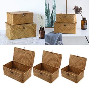 homozy Retro Seagrass Woven Wicker Basket with Lid, Rustic Natural Brown Finish, Decorative Accent or Storage - S