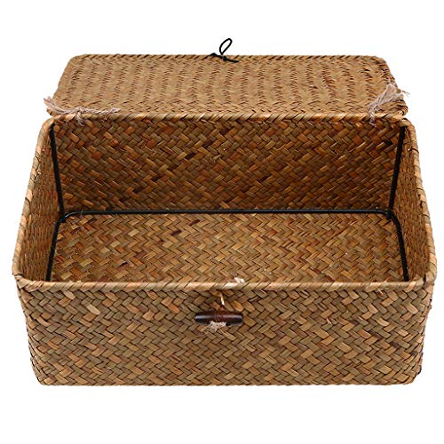 homozy Retro Seagrass Woven Wicker Basket with Lid, Rustic Natural Brown Finish, Decorative Accent or Storage - S