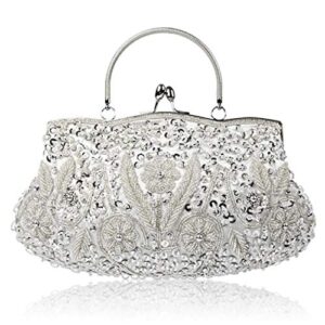 vistatroy vintage style beaded and glass beads evening bag wedding party handbag clutch purse for women female formal evening (silver)