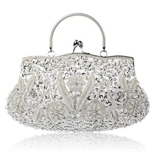 Vistatroy Vintage Style Beaded And Glass Beads Evening Bag Wedding Party Handbag Clutch Purse for Women Female Formal Evening (Silver)