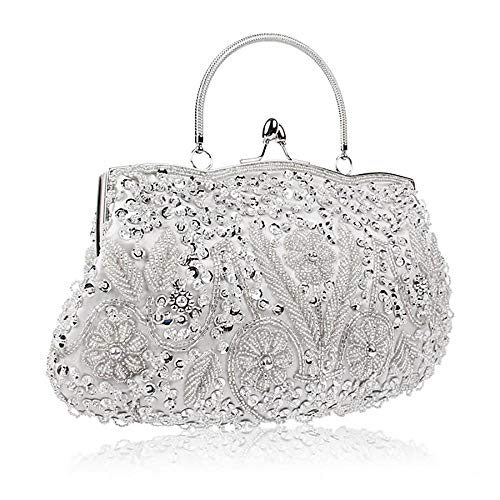 Vistatroy Vintage Style Beaded And Glass Beads Evening Bag Wedding Party Handbag Clutch Purse for Women Female Formal Evening (Silver)