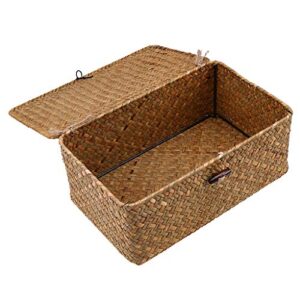 homozy Retro Seagrass Woven Wicker Basket with Lid, Rustic Natural Brown Finish, Decorative Accent or Storage - M