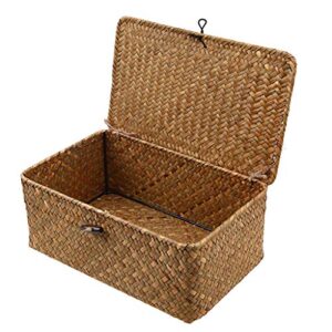 homozy Retro Seagrass Woven Wicker Basket with Lid, Rustic Natural Brown Finish, Decorative Accent or Storage - M