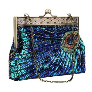 vistatroy vintage style beaded and sequined evening bag wedding party handbag clutch purse for women evening (peacock blue)