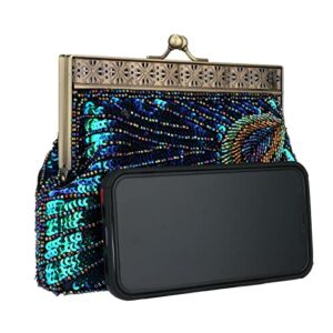 Vistatroy Vintage Style Beaded And Sequined Evening Bag Wedding Party Handbag Clutch Purse for Women Evening (Peacock blue)