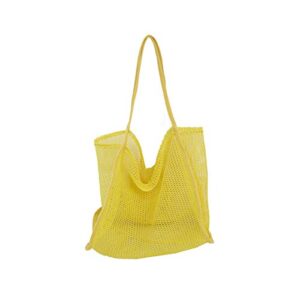 enkrio large mesh beach casual shoulder bag mesh tote bag handbag for students teens heavy duty, lightweight foldable (yellow)