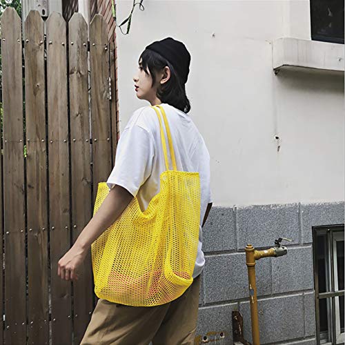 Enkrio Large Mesh Beach Casual Shoulder Bag Mesh Tote Bag Handbag for Students Teens Heavy Duty, Lightweight Foldable (Yellow)