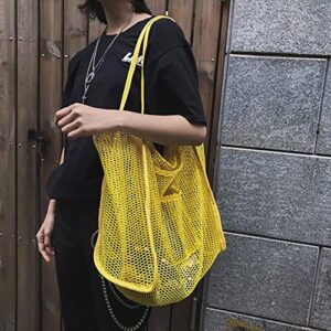 Enkrio Large Mesh Beach Casual Shoulder Bag Mesh Tote Bag Handbag for Students Teens Heavy Duty, Lightweight Foldable (Yellow)