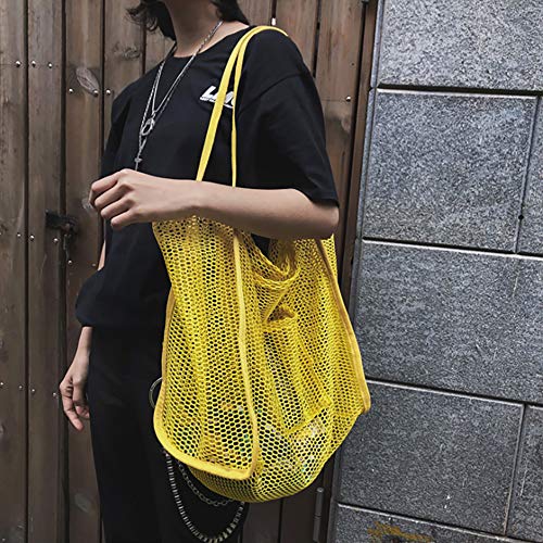 Enkrio Large Mesh Beach Casual Shoulder Bag Mesh Tote Bag Handbag for Students Teens Heavy Duty, Lightweight Foldable (Yellow)