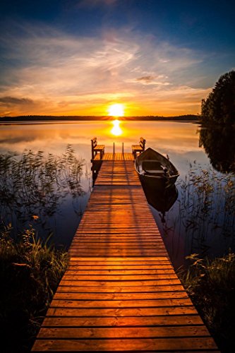 Sunset Over The Fishing Pier at Finland Lake Photo National Mountain Nature Landscape Park Scenic Scenery Parks Picture Dock Water Cool Wall Decor Art Print Poster 24x36