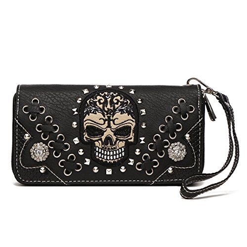 Sugar Skull Day of the Dead Punk Art Purse Removable Strap Women Satchel Handbag Shoulder Bag Wallet Set (Black Set)