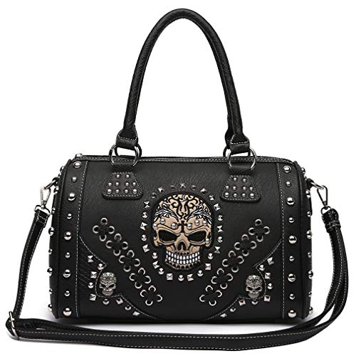 Sugar Skull Day of the Dead Punk Art Purse Removable Strap Women Satchel Handbag Shoulder Bag Wallet Set (Black Set)