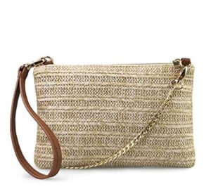 straw zipper small cross body bag wristlet clutch womens purse (brown)