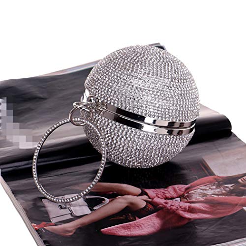 Tngan Ball Shape Clutch Purse Party Handbag Rhinestone Ring Handle Evening Bag Silvery