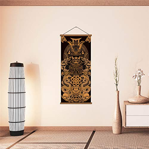 Warrior’s Dreams Canvas Wall Art Print Poster Armored Helmet Samurai spirit with Scroll Wood Framed Ready to Hanger Home Karate Hall Sushi Restaurant Decor 16”x35”