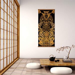 Warrior’s Dreams Canvas Wall Art Print Poster Armored Helmet Samurai spirit with Scroll Wood Framed Ready to Hanger Home Karate Hall Sushi Restaurant Decor 16”x35”