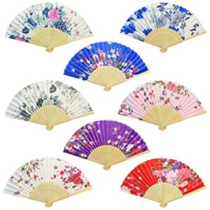 miayon floral folding hand fan, 8pcs japanese vintage retro style folding fan with wooden ribs dancing wedding party decor fan (random color) (8pcs-chinese style with wooden rib)